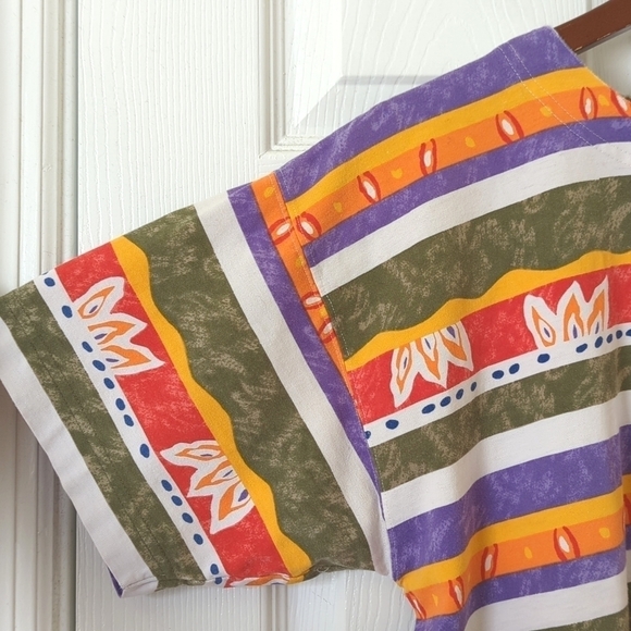 Liz Sport 90's Vintage Funky Striped Round Neck Side Slit Short Sleeve T-shirt M - Picture 3 of 10